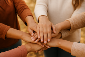 Vier Frauen stehen im Kreis und legen ihre Hände in ihrer Mitte übereinander